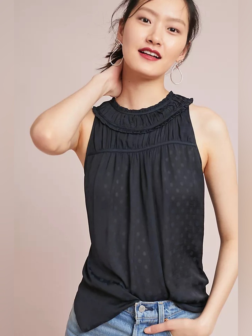 Maeve Black Ruffled Mock Neck Sleeveless Camisole